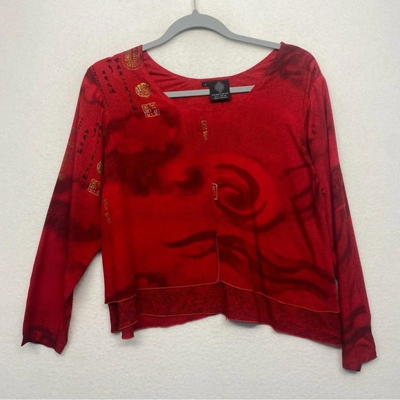 Endless Knot Art Crop Blouse Red 1 / S Asian Art to Wear Rayon - Picture 1 of 6